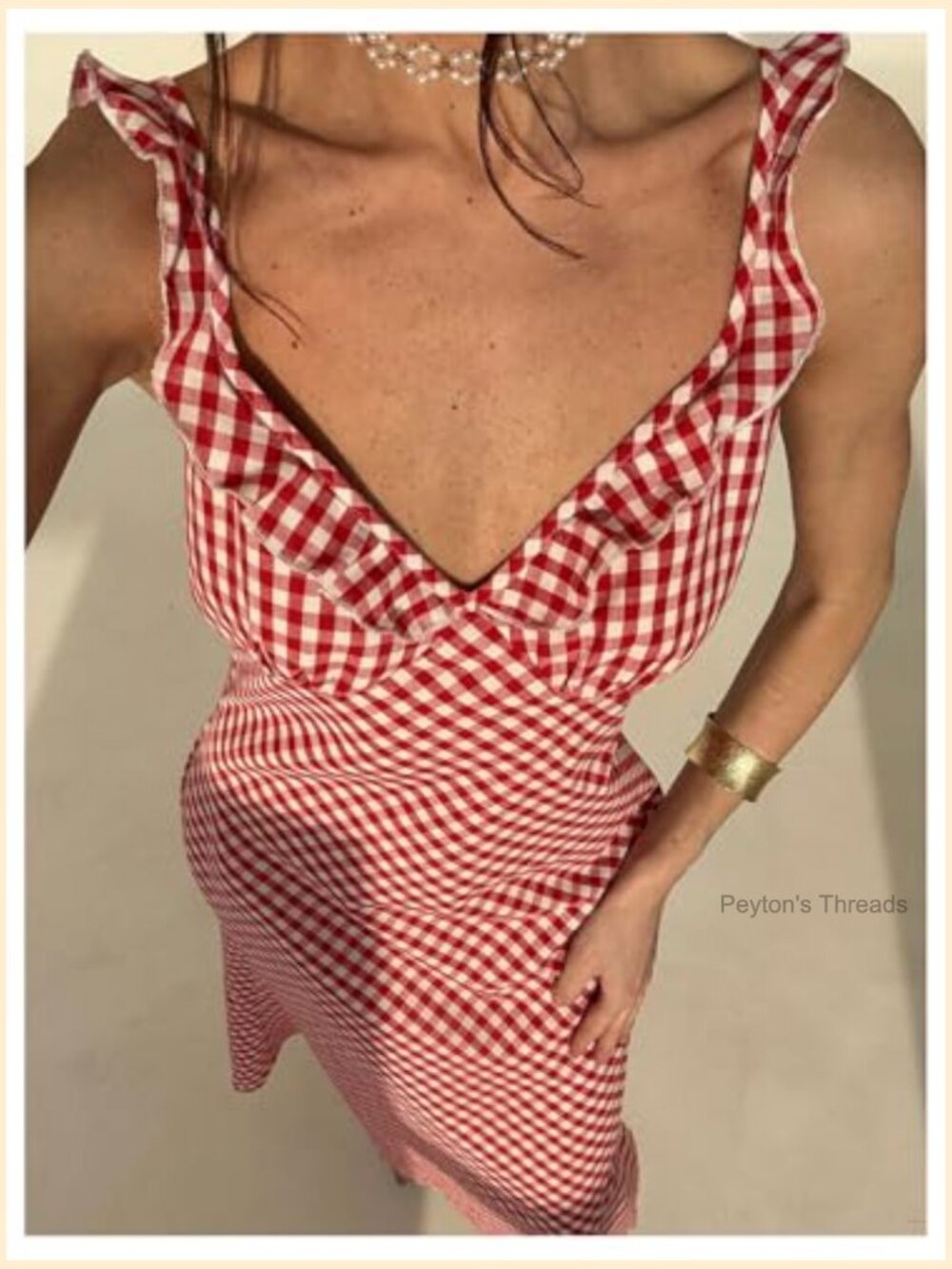 Summer Gingham Maxi Dress Ruffle Deep V Neck Sleeveless Sundress - Picture 5 of 5